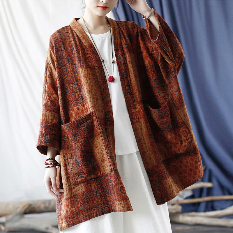 Chaqueta con frente abierto de algodón con estampado geométrico de flores naranjas y bolsillos de Buddha Stones - image 19