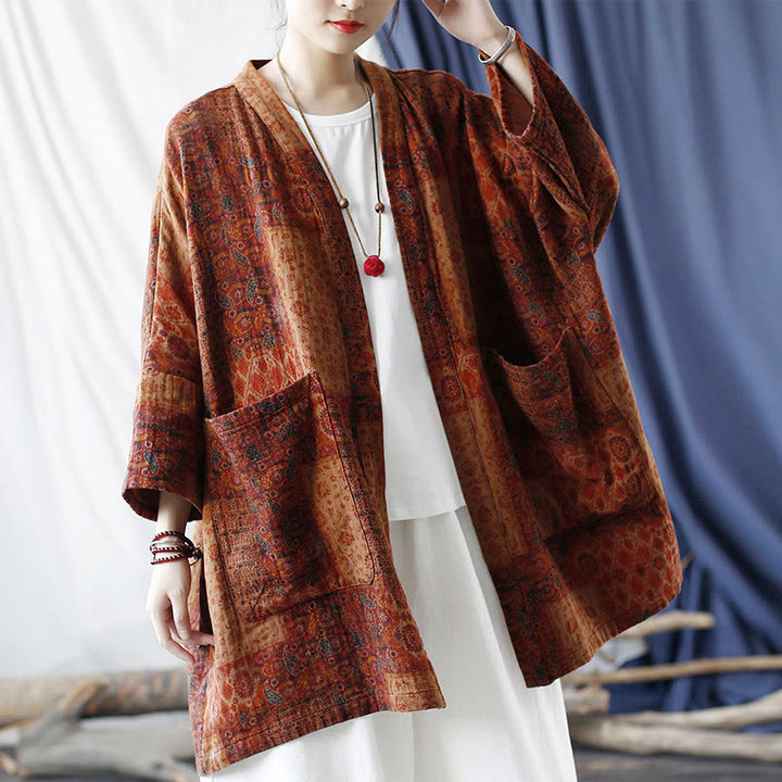 Chaqueta con frente abierto de algodón con estampado geométrico de flores naranjas y bolsillos de Buddha Stones - image 19