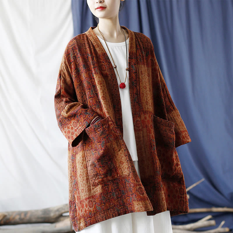 Chaqueta con frente abierto de algodón con estampado geométrico de flores naranjas y bolsillos de Buddha Stones - image 1