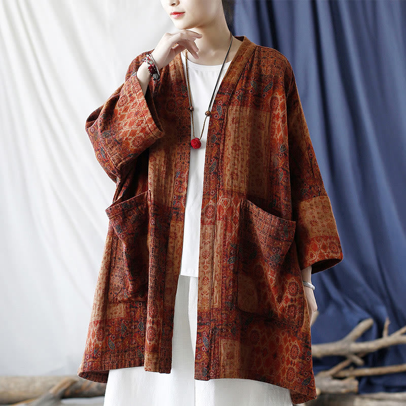 Chaqueta con frente abierto de algodón con estampado geométrico de flores naranjas y bolsillos de Buddha Stones - image 18