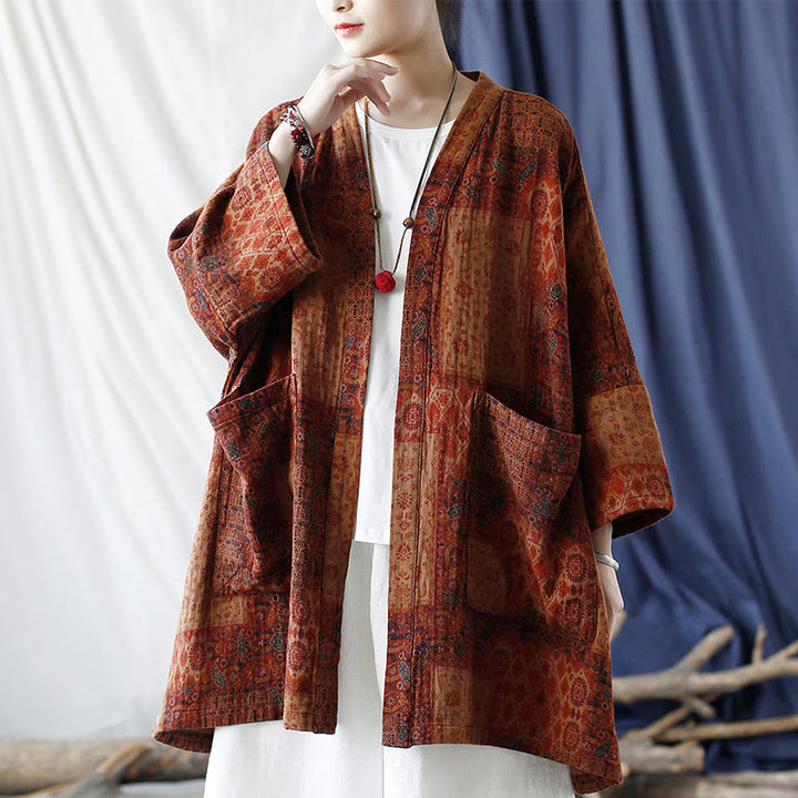 Chaqueta con frente abierto de algodón con estampado geométrico de flores naranjas y bolsillos de Buddha Stones - image 18