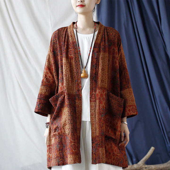 Chaqueta con frente abierto de algodón con estampado geométrico de flores naranjas y bolsillos de Buddha Stones - image 6