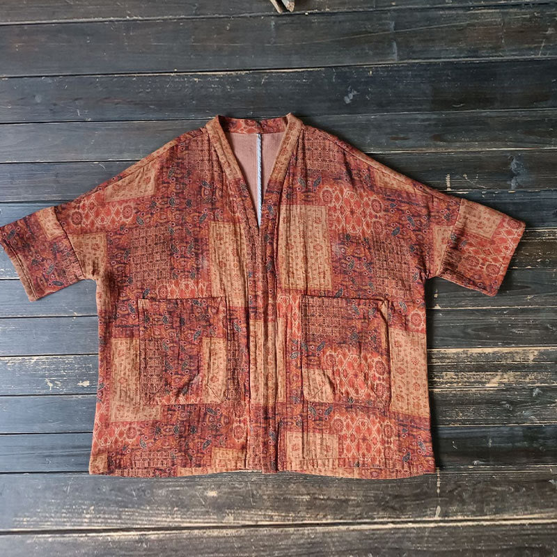 Chaqueta con frente abierto de algodón con estampado geométrico de flores naranjas y bolsillos de Buddha Stones - image 15