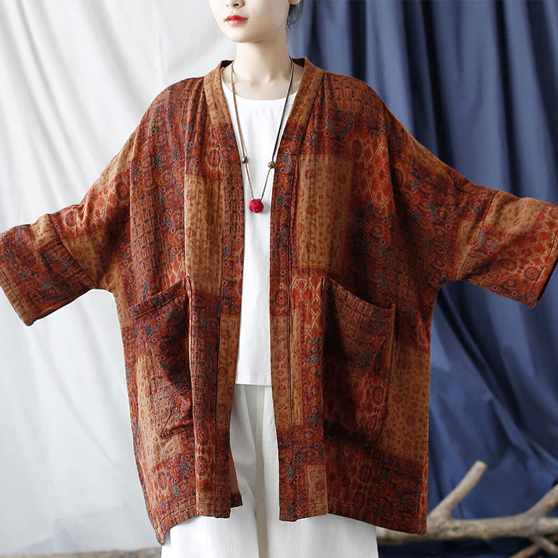 Chaqueta con frente abierto de algodón con estampado geométrico de flores naranjas y bolsillos de Buddha Stones - image 5