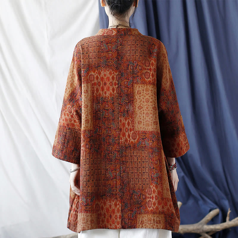 Chaqueta con frente abierto de algodón con estampado geométrico de flores naranjas y bolsillos de Buddha Stones - image 3