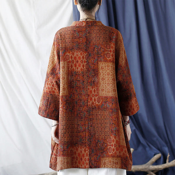 Chaqueta con frente abierto de algodón con estampado geométrico de flores naranjas y bolsillos de Buddha Stones - image 3