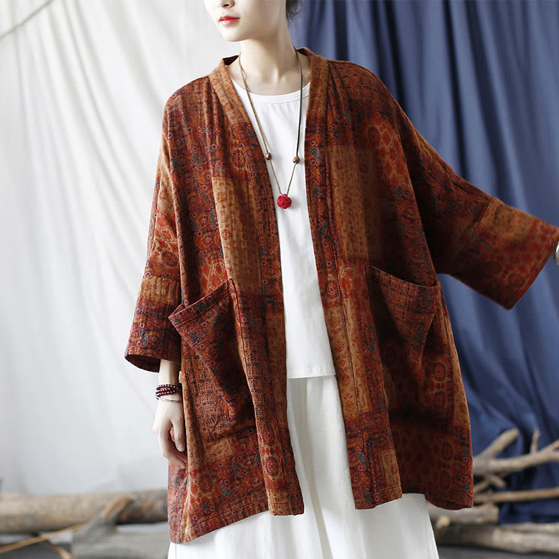 Chaqueta con frente abierto de algodón con estampado geométrico de flores naranjas y bolsillos de Buddha Stones - image 22