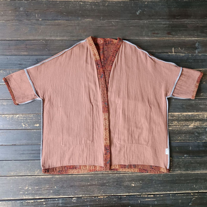 Chaqueta con frente abierto de algodón con estampado geométrico de flores naranjas y bolsillos de Buddha Stones - image 16