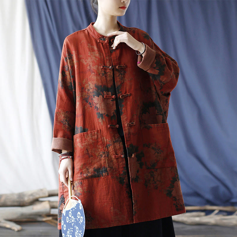 Chaqueta frontal abierta con botones de rana y bolsillos de lino y algodón con flor de peonía naranja y Buddha Stones - image 1