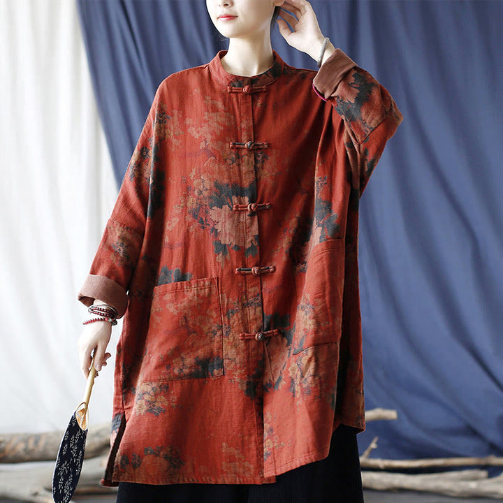 Chaqueta frontal abierta con botones de rana y bolsillos de lino y algodón con flor de peonía naranja y Buddha Stones - image 19