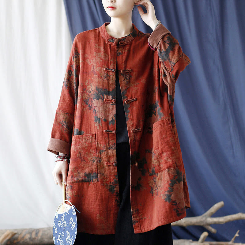 Chaqueta abierta con botones y bolsillos, con estampado de flores de peonía naranja y Buddha Stones. - image 20