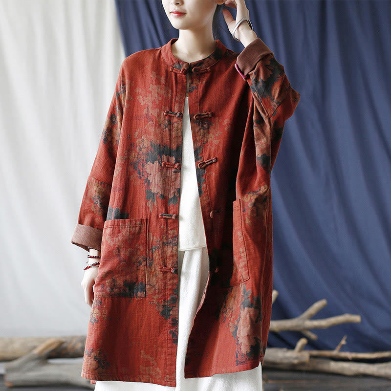 Chaqueta abierta con botones y bolsillos, con estampado de flores de peonía naranja y Buddha Stones. - image 5