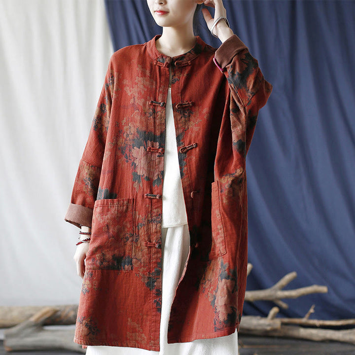 Chaqueta abierta con botones y bolsillos, con estampado de flores de peonía naranja y Buddha Stones. - image 5