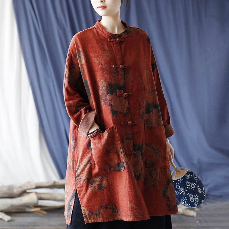 Chaqueta abierta con botones y bolsillos, con estampado de flores de peonía naranja y Buddha Stones. - image 18