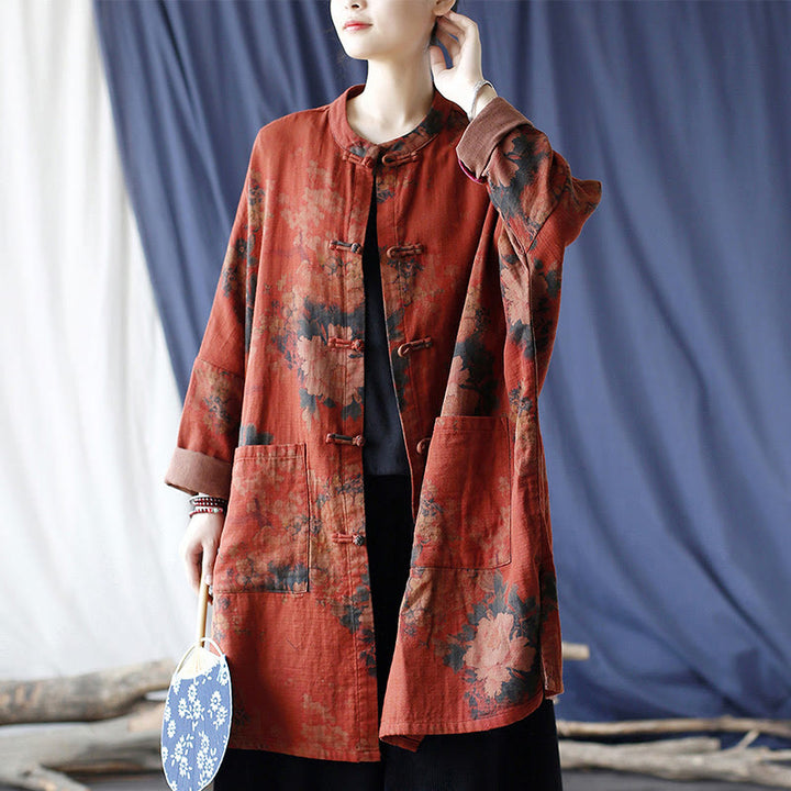 Chaqueta abierta con botones y bolsillos, con estampado de flores de peonía naranja y Buddha Stones. - US4-14, UK/AU8-18, EU36-46 (F) - image 0