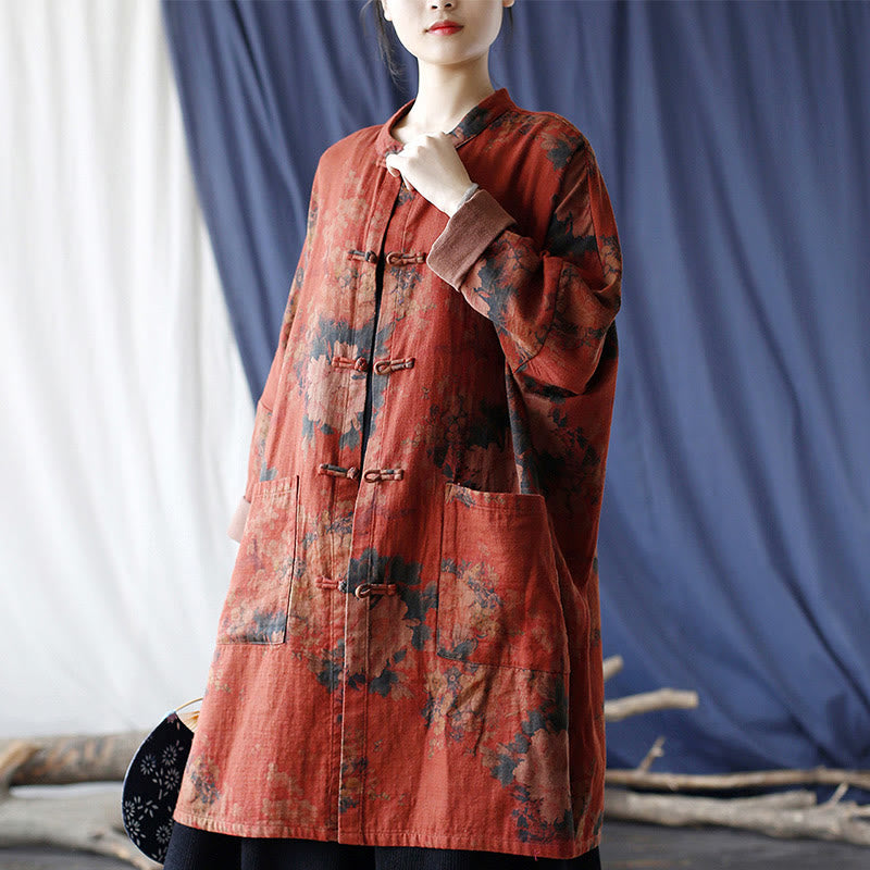 Chaqueta abierta con botones y bolsillos, con estampado de flores de peonía naranja y Buddha Stones. - image 6
