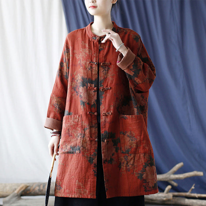 Chaqueta abierta con botones y bolsillos, con estampado de flores de peonía naranja y Buddha Stones. - image 17