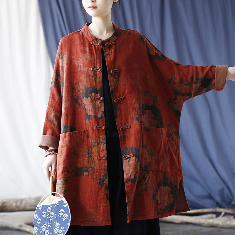 Chaqueta abierta con botones y bolsillos, con estampado de flores de peonía naranja y Buddha Stones. - image 21