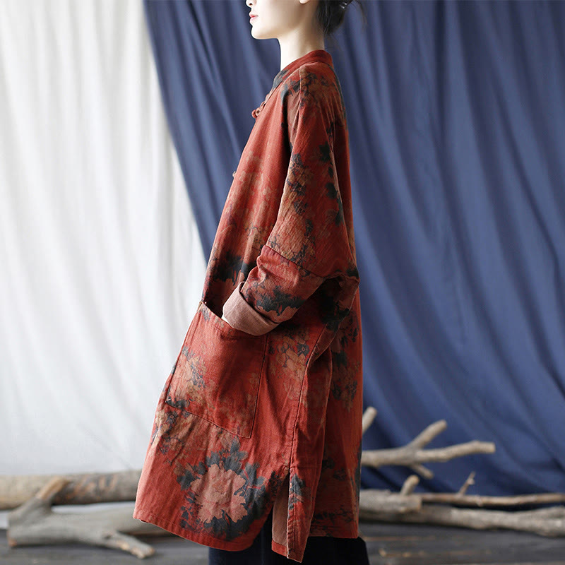 Chaqueta frontal abierta con botones de rana y bolsillos de lino y algodón con flor de peonía naranja y Buddha Stones - image 2