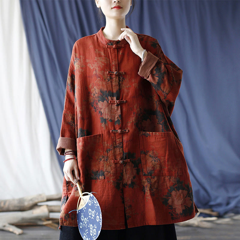 Chaqueta frontal abierta con botones de rana y bolsillos de lino y algodón con flor de peonía naranja y Buddha Stones - image 22