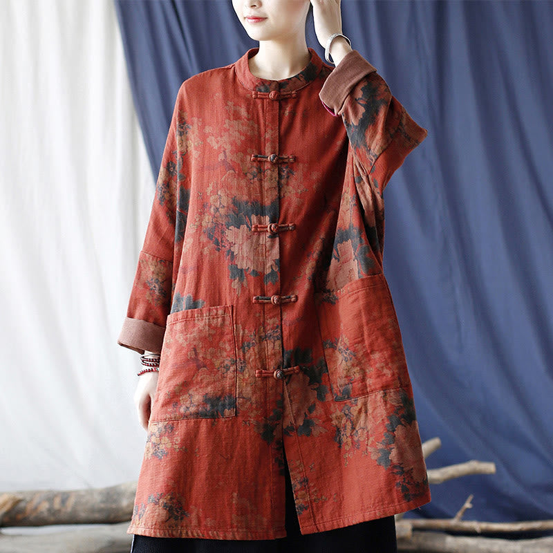 Chaqueta abierta con botones y bolsillos, con estampado de flores de peonía naranja y Buddha Stones. - image 15