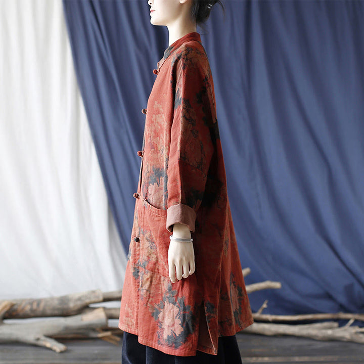 Chaqueta abierta con botones y bolsillos, con estampado de flores de peonía naranja y Buddha Stones. - image 4