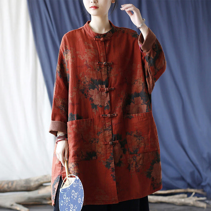 Chaqueta abierta con botones y bolsillos, con estampado de flores de peonía naranja y Buddha Stones. - image 23