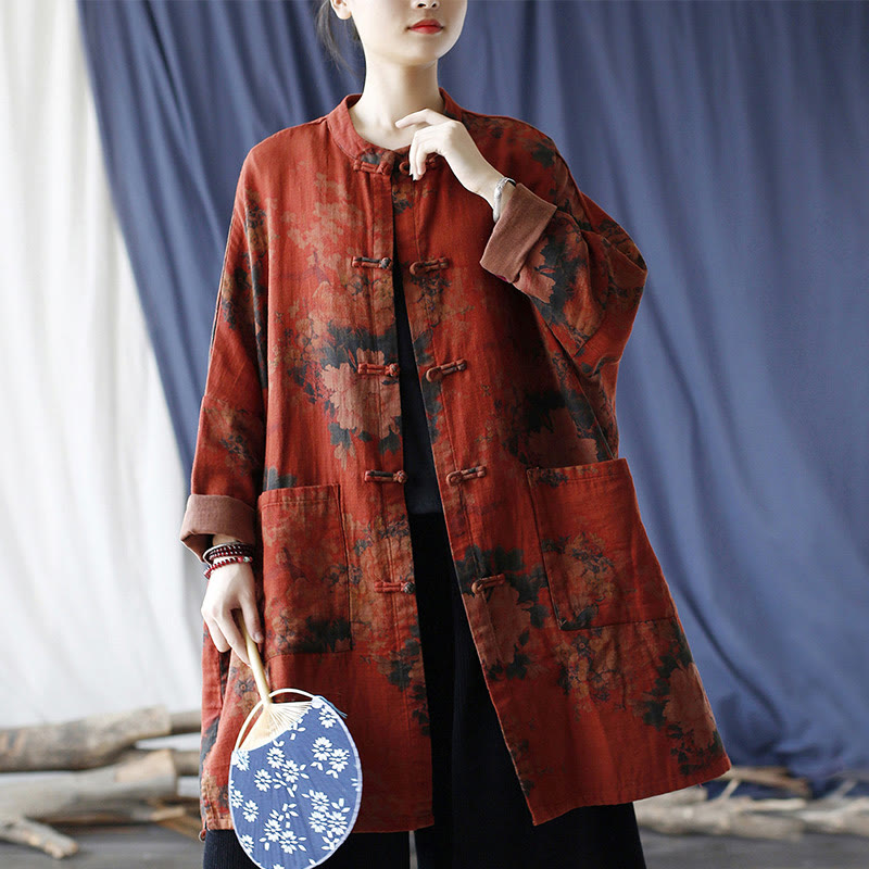 Chaqueta abierta con botones y bolsillos, con estampado de flores de peonía naranja y Buddha Stones. - image 24