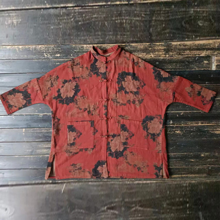 Chaqueta frontal abierta con botones de rana y bolsillos de lino y algodón con flor de peonía naranja y Buddha Stones - image 13