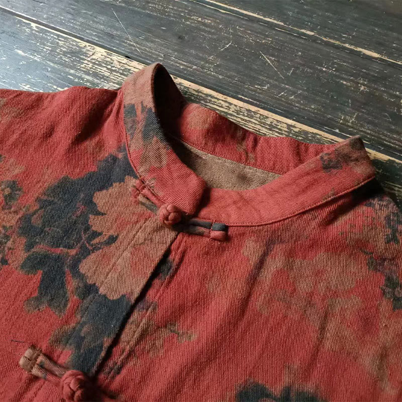 Chaqueta frontal abierta con botones de rana y bolsillos de lino y algodón con flor de peonía naranja y Buddha Stones - image 8