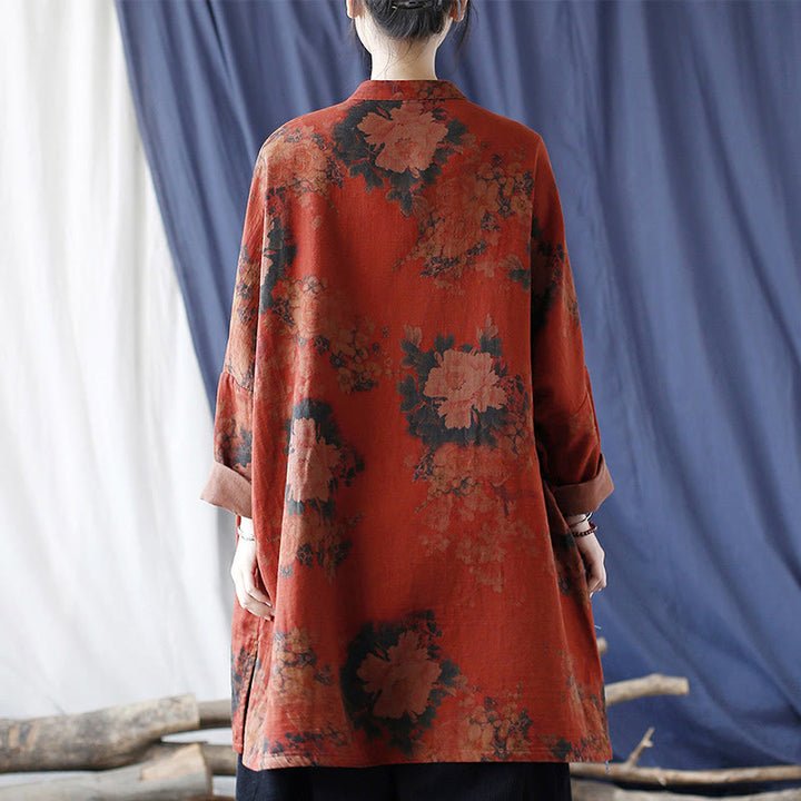 Chaqueta abierta con botones y bolsillos, con estampado de flores de peonía naranja y Buddha Stones. - image 3