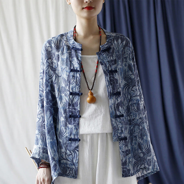 Buddha Stones Retro Azul Flores Blancas Diseño De Botón De Rana Camisa De Chaqueta De Lino De Ramio De Manga Larga - image 16