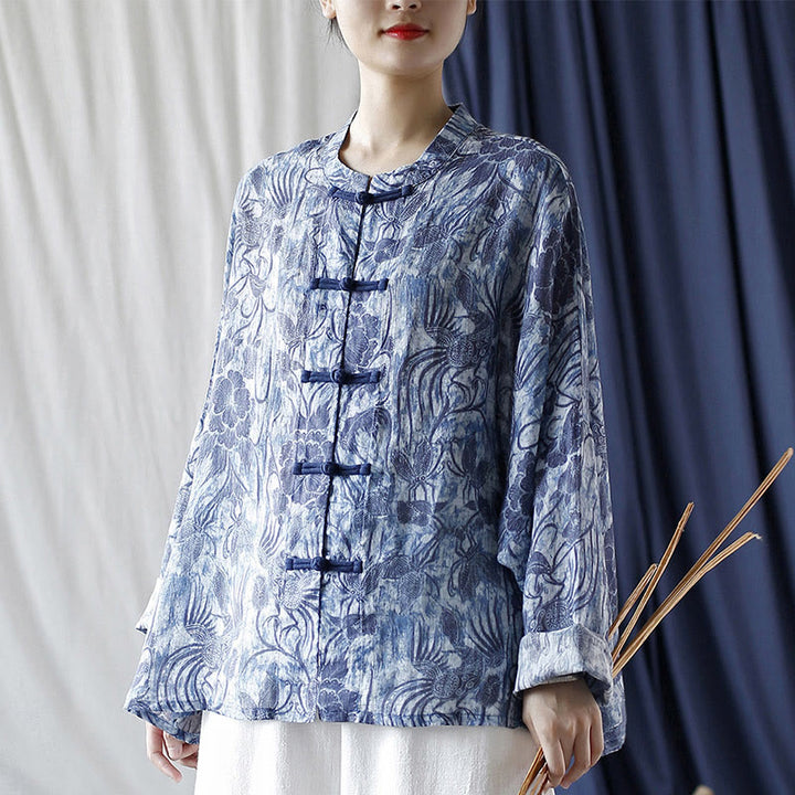 Buddha Stones Retro Azul Flores Blancas Diseño De Botón De Rana Camisa De Chaqueta De Lino De Ramio De Manga Larga - image 15