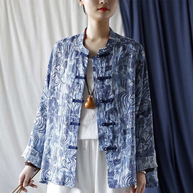 Buddha Stones Retro Azul Flores Blancas Diseño De Botón De Rana Camisa De Chaqueta De Lino De Ramio De Manga Larga - image 20