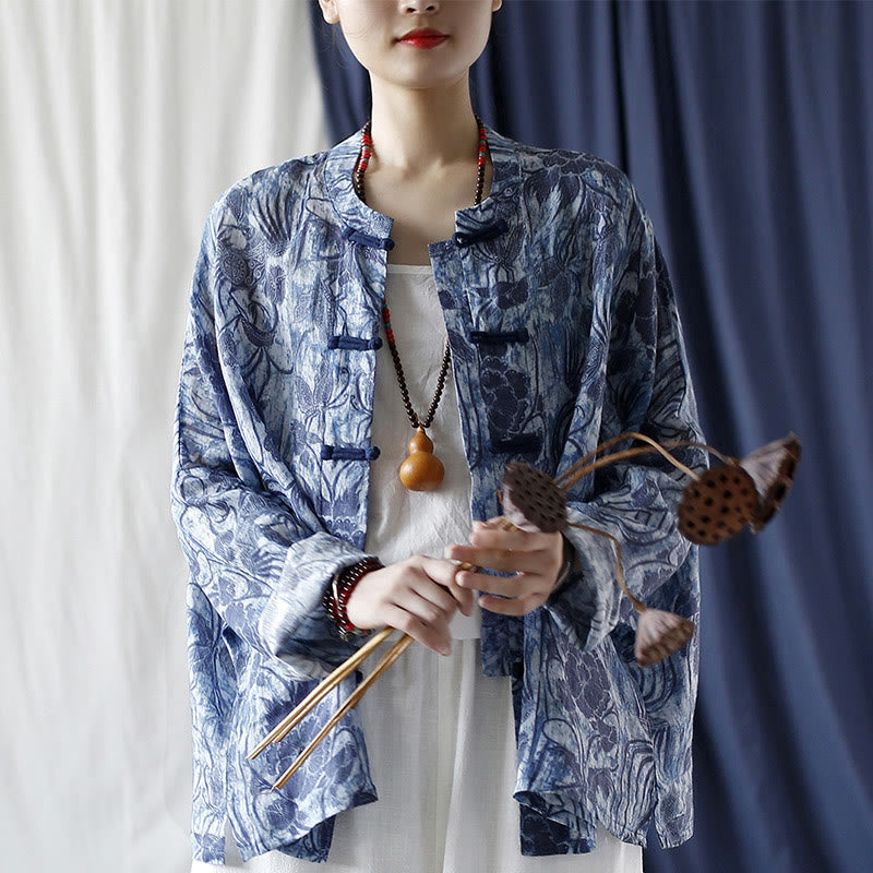 Buddha Stones Retro Azul Flores Blancas Diseño De Botón De Rana Camisa De Chaqueta De Lino De Ramio De Manga Larga - image 19