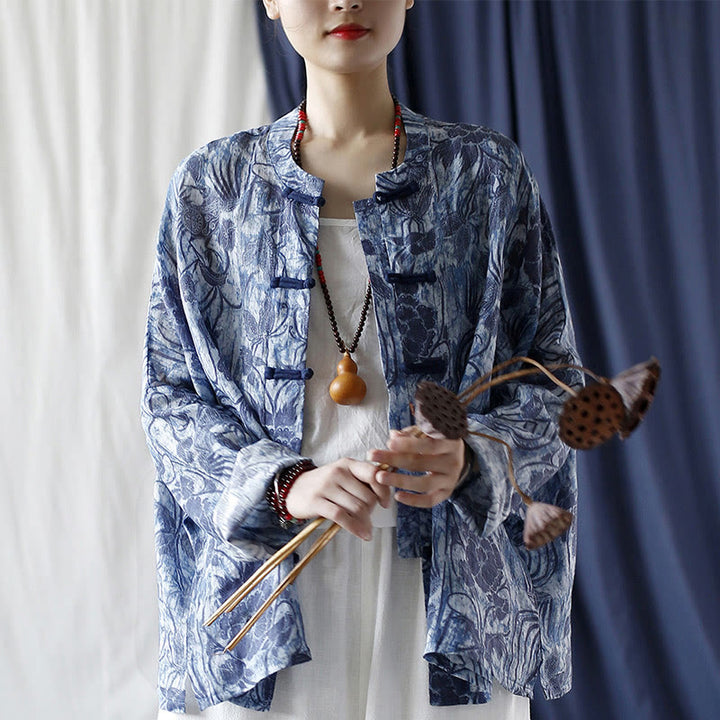 Buddha Stones Retro Azul Flores Blancas Diseño De Botón De Rana Camisa De Chaqueta De Lino De Ramio De Manga Larga - image 19