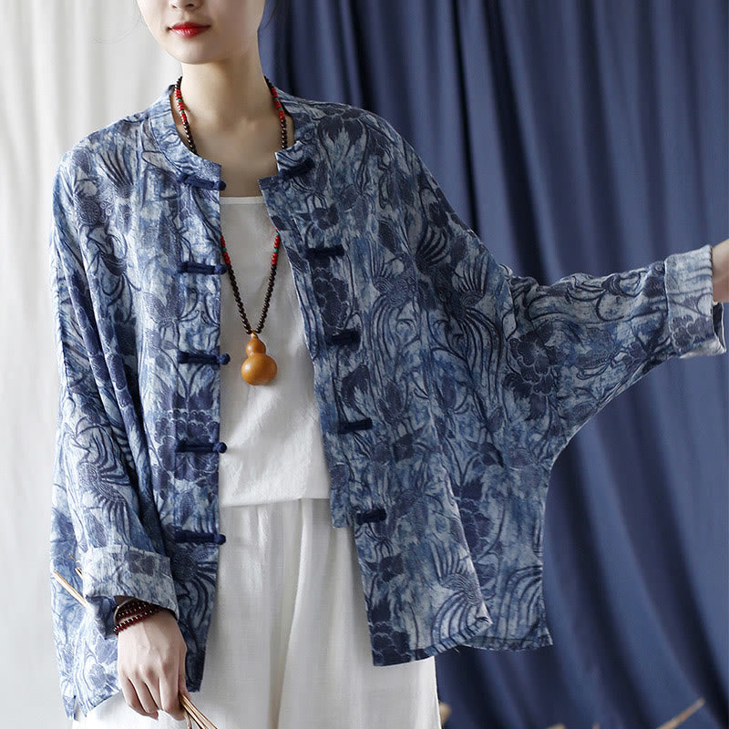 Buddha Stones Retro Azul Flores Blancas Diseño De Botón De Rana Camisa De Chaqueta De Lino De Ramio De Manga Larga - image 17