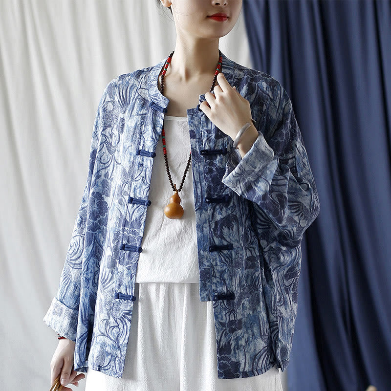 Buddha Stones Retro Azul Flores Blancas Diseño De Botón De Rana Camisa De Chaqueta De Lino De Ramio De Manga Larga - image 18