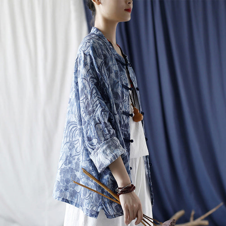 Buddha Stones Retro Azul Flores Blancas Diseño De Botón De Rana Camisa De Chaqueta De Lino De Ramio De Manga Larga - image 2