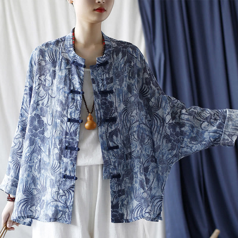 Buddha Stones Retro Azul Flores Blancas Diseño De Botón De Rana Camisa De Chaqueta De Lino De Ramio De Manga Larga - image 1