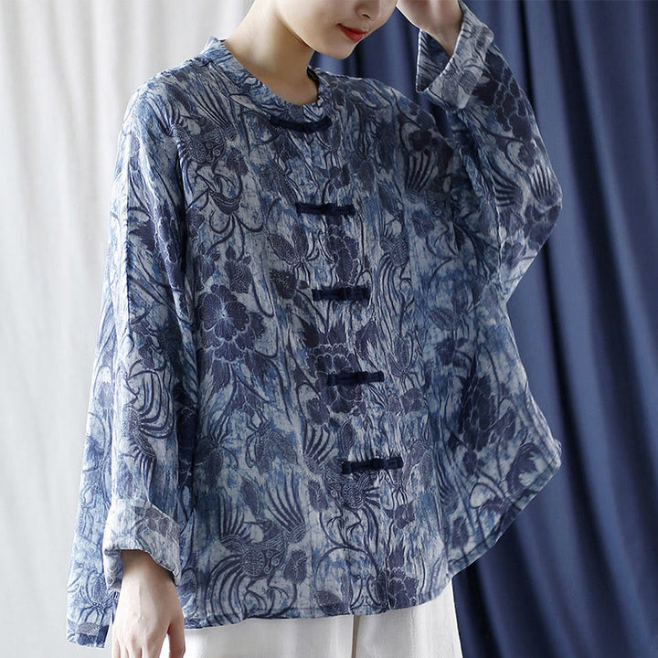 Buddha Stones Retro Azul Flores Blancas Diseño De Botón De Rana Camisa De Chaqueta De Lino De Ramio De Manga Larga - image 23
