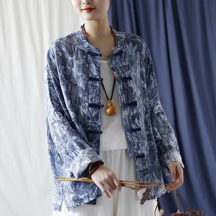Buddha Stones Retro Azul Flores Blancas Diseño De Botón De Rana Camisa De Chaqueta De Lino De Ramio De Manga Larga - image 22