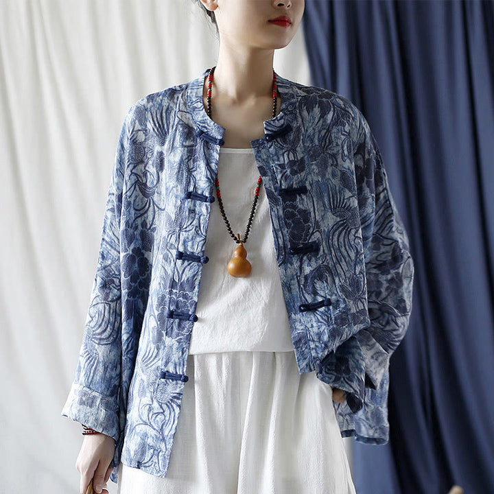 Buddha Stones Retro Azul Flores Blancas Diseño De Botón De Rana Camisa De Chaqueta De Lino De Ramio De Manga Larga - image 24