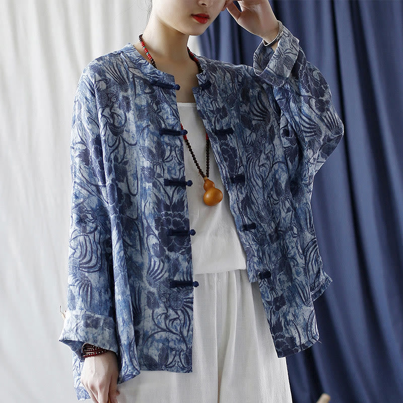 Buddha Stones Retro Azul Flores Blancas Diseño De Botón De Rana Camisa De Chaqueta De Lino De Ramio De Manga Larga - image 21
