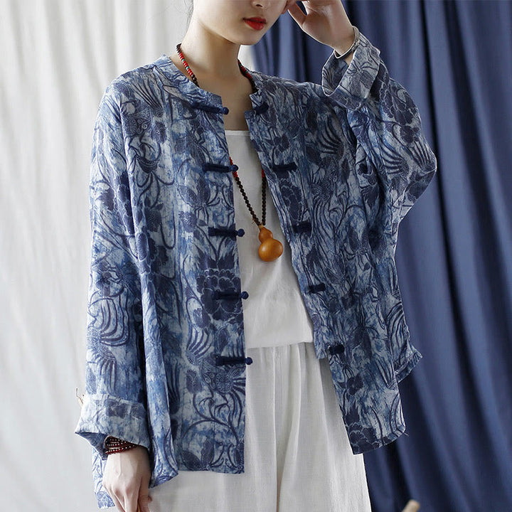 Buddha Stones Retro Azul Flores Blancas Diseño De Botón De Rana Camisa De Chaqueta De Lino De Ramio De Manga Larga - image 21