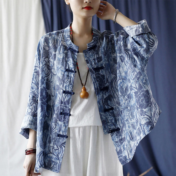 Buddha Stones Retro Azul Flores Blancas Diseño De Botón De Rana Camisa De Chaqueta De Lino De Ramio De Manga Larga - image 5