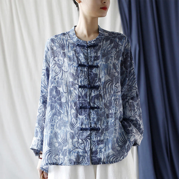 Buddha Stones Retro Azul Flores Blancas Diseño De Botón De Rana Camisa De Chaqueta De Lino De Ramio De Manga Larga - image 28