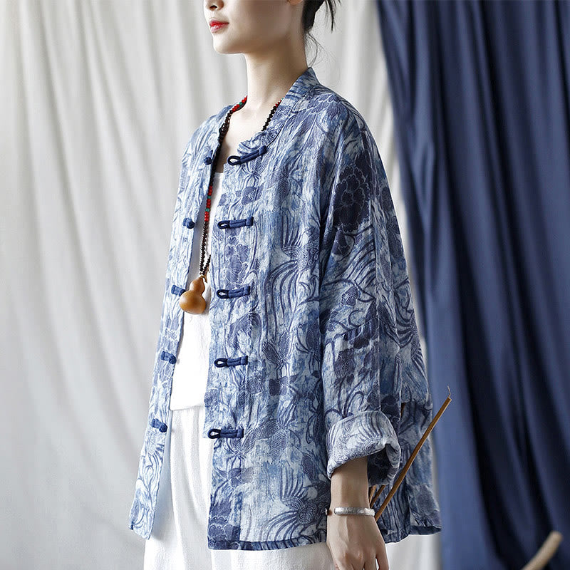 Buddha Stones Retro Azul Flores Blancas Diseño De Botón De Rana Camisa De Chaqueta De Lino De Ramio De Manga Larga - image 4