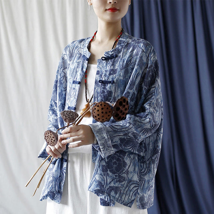 Buddha Stones Retro Azul Flores Blancas Diseño De Botón De Rana Camisa De Chaqueta De Lino De Ramio De Manga Larga - image 26