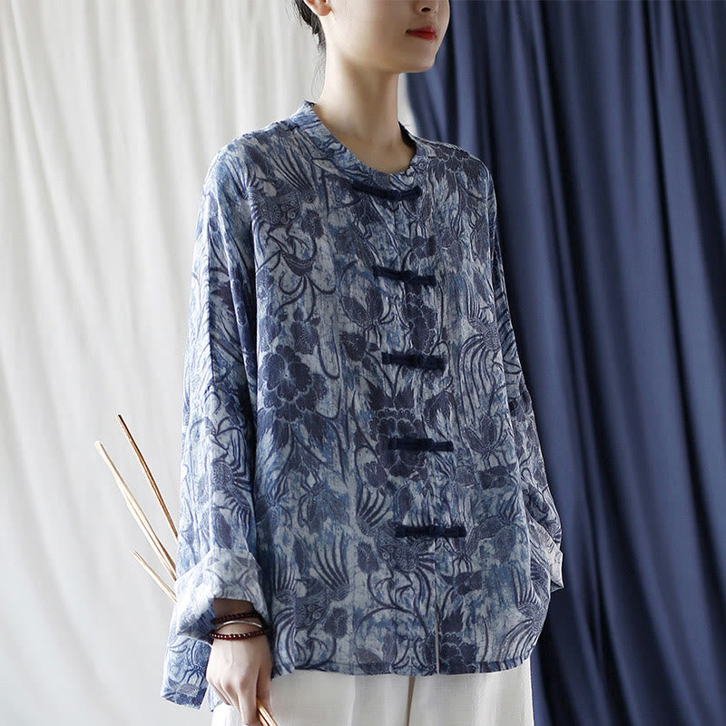 Buddha Stones Retro Azul Flores Blancas Diseño De Botón De Rana Camisa De Chaqueta De Lino De Ramio De Manga Larga - image 6